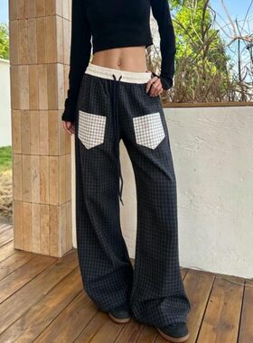 美式复古格子直筒宽松休闲裤