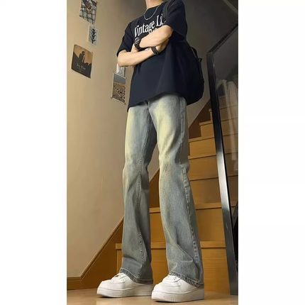 美式复古蓝窄版微喇牛仔裤男款夏季高街vibe直筒裤子修身弯刀长裤