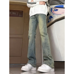 复古蓝加绒牛仔裤 显瘦直筒微喇裤 男款 子修身 秋冬vibe风弯刀裤 美式