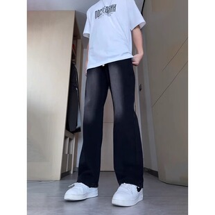 黑灰色微喇牛仔裤男款抽绳松紧腰裤子美式高街vibe修身显瘦弯刀裤