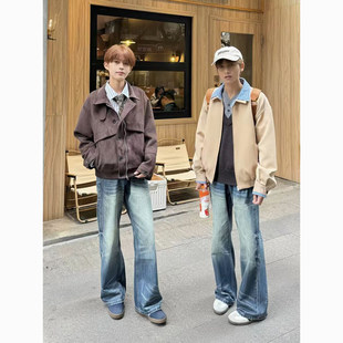 蓝色闪电纹水洗牛仔裤男款春季美式高街vibe裤子阔腿直筒微喇裤