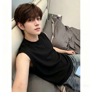 黑色纯棉无袖T恤男生夏季穿搭美式健身运动背心圆领速干坎肩汗衫