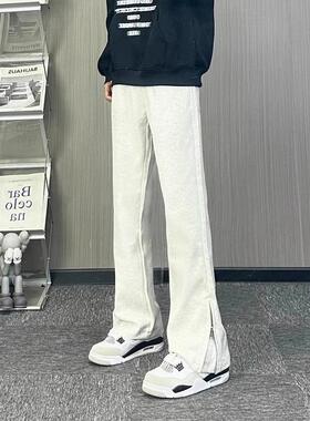 白灰色拉链微喇卫裤男款春夏季运动裤子高个子美式修身窄版直筒裤