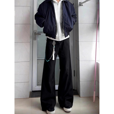 黑色加绒微喇牛仔裤男高街