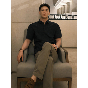 黑色高级感痞帅短袖polo衫男款夏季成熟稳重正肩t恤重磅翻领半袖