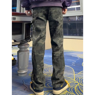 美式解构迷彩工装裤男款冬季高腰提档显瘦加绒裤子cleanfit微喇裤