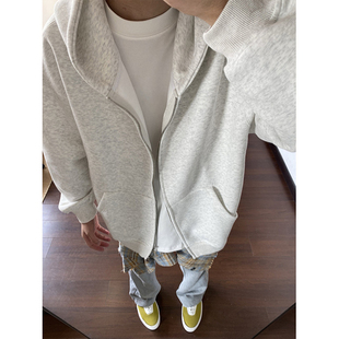 白灰色连帽开衫卫衣男款春秋潮牌高级感美式重磅拉链cleanfit外套