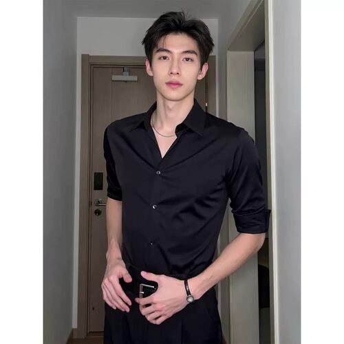 那不勒斯黑色长袖西装衬衫男