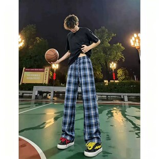 蓝色速干格子休闲裤男款夏季薄款冰丝微喇直筒裤美式篮球运动裤子