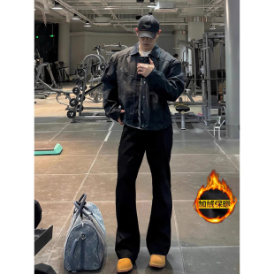 子休闲微喇直筒裤 cleanfit弯刀西裤 黑色显瘦垂感加绒裤 秋冬季 男款