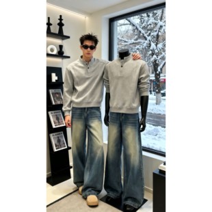 美式亨利领正肩长袖t恤男秋冬季加绒重磅卫衣宽松加厚保暖打底衫