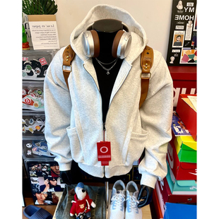 白灰色美式boxy开衫卫衣男款秋季短宽cleanfit重磅高克重连帽外套