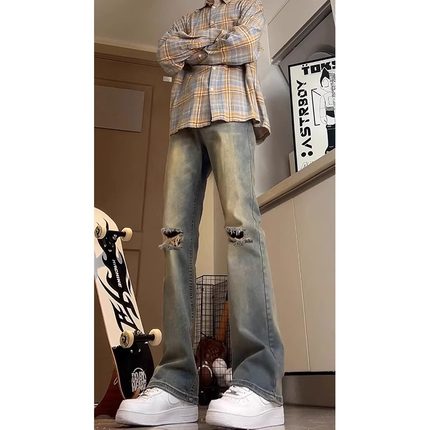 美式高街vibe裤子水洗复古蓝膝盖破洞牛仔裤男显瘦直筒微喇乞丐裤