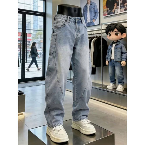 春季浅蓝拼接斜切弯刀牛仔裤男