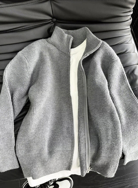 灰色高级感拉链毛衣男款秋季针织开衫外套慵懒风美式复古立领夹克
