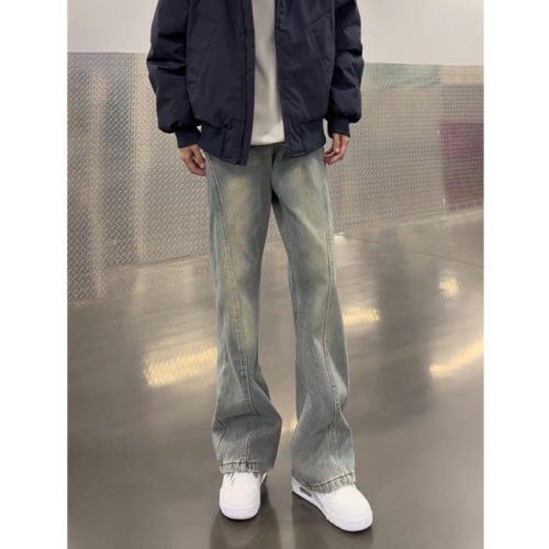 复古蓝斜切微喇男士牛仔裤春季