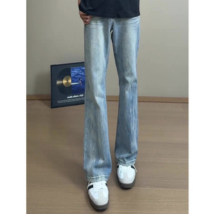 闪电纹美式高街加绒牛仔裤男款秋冬季vibe裤子cleanfit直筒微喇裤