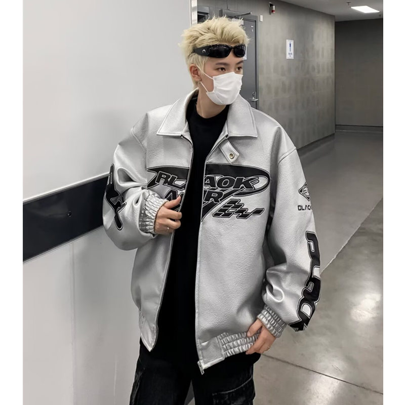 美式复古vintage赛车服男女PU皮衣夹克嘻哈立领休闲帅气机车外套