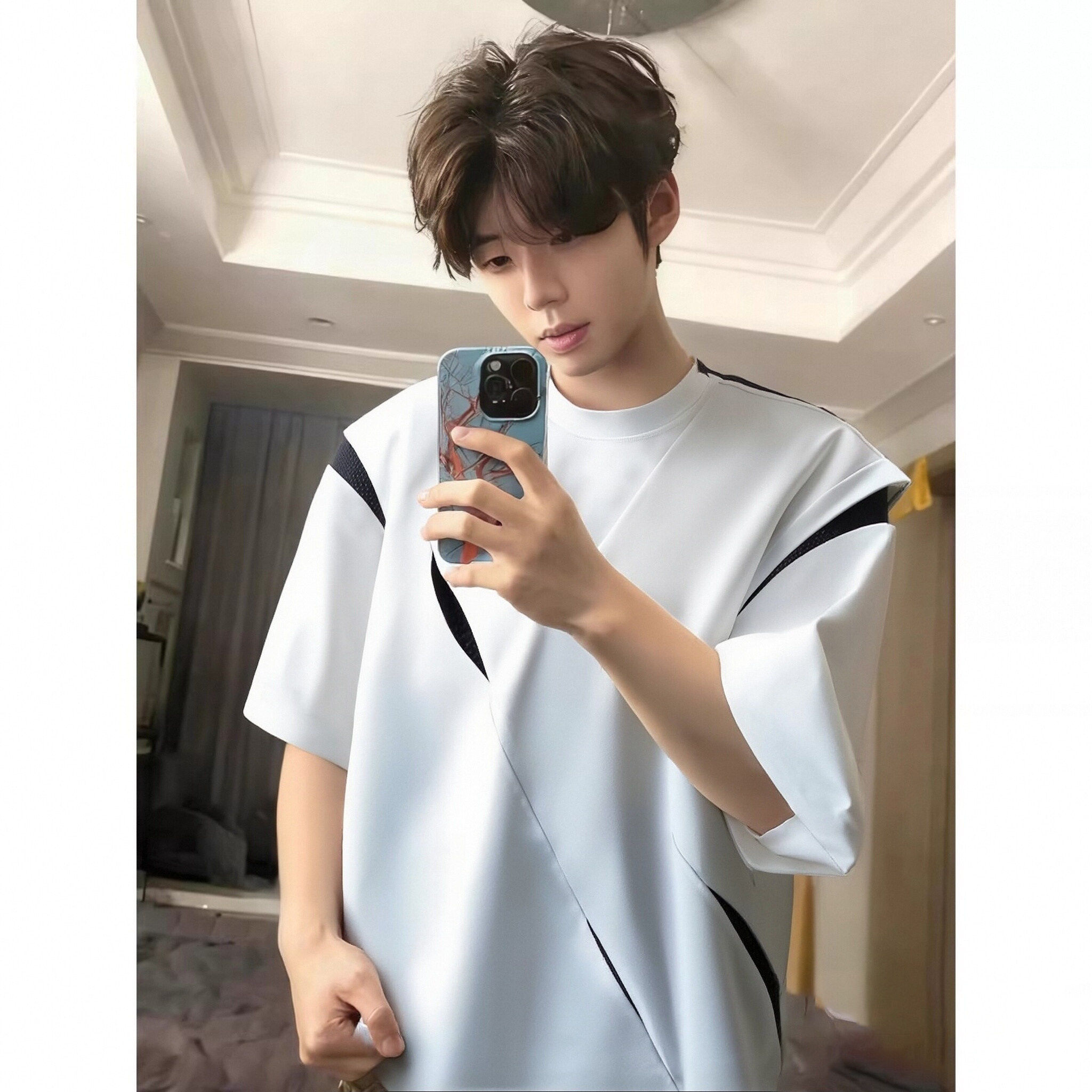 美式解构垫肩短袖男夏季网眼分割设计感正肩T恤cleanfit五分半袖