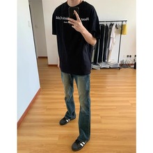 美式复古深蓝色牛仔裤男款水洗做旧夏季裤子修身弹力微喇直筒裤