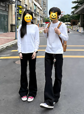 黑色弯刀加绒牛仔裤男款春秋美式高街微喇裤子高腰窄版提档直筒裤