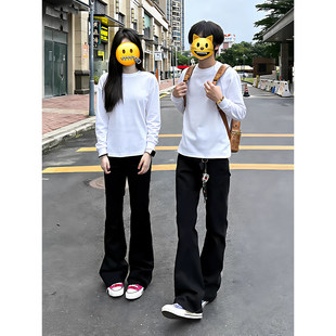 黑色弯刀加绒牛仔裤男款春秋美式高街微喇裤子高腰窄版提档直筒裤