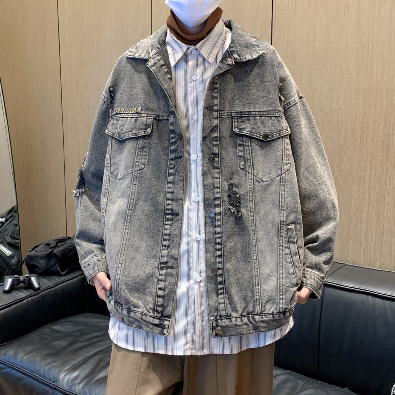秋季复古牛仔外套男士韩版潮流宽松夹克衫男生休闲帅气工装外衣服