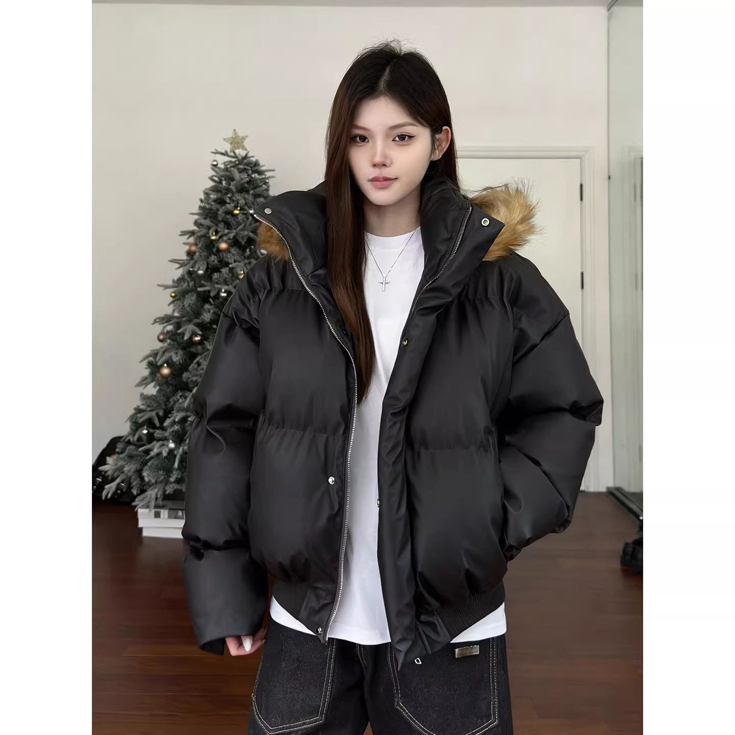 可拆卸大毛领三防短款羽绒棉服