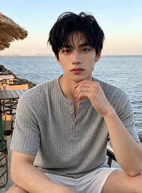 浅灰色男士针织短袖夏季慵懒松弛感亨利领t恤老钱风男装正肩半袖