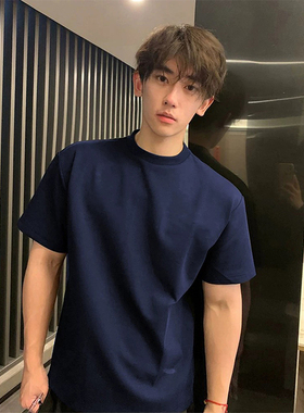 300g重磅藏青色正肩短袖男款cleanfit小领口t恤潮牌痞帅美式半袖