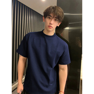 300g重磅藏青色正肩短袖男款cleanfit小领口t恤潮牌痞帅美式半袖