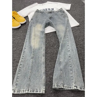 复古蓝斜切牛仔裤男款秋季