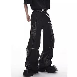 潮牌高街裤子男设计感小众美式痞帅炸街西裤微喇阔腿直筒休闲皮裤
