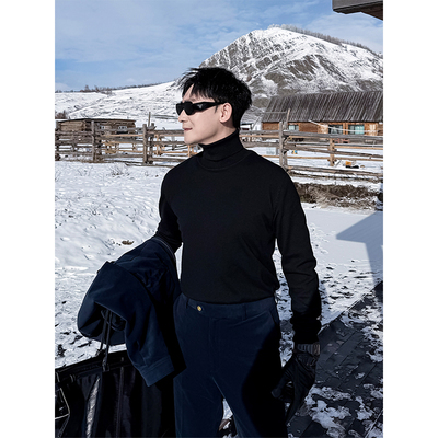 黑色高领毛衣男冬季修身痞帅