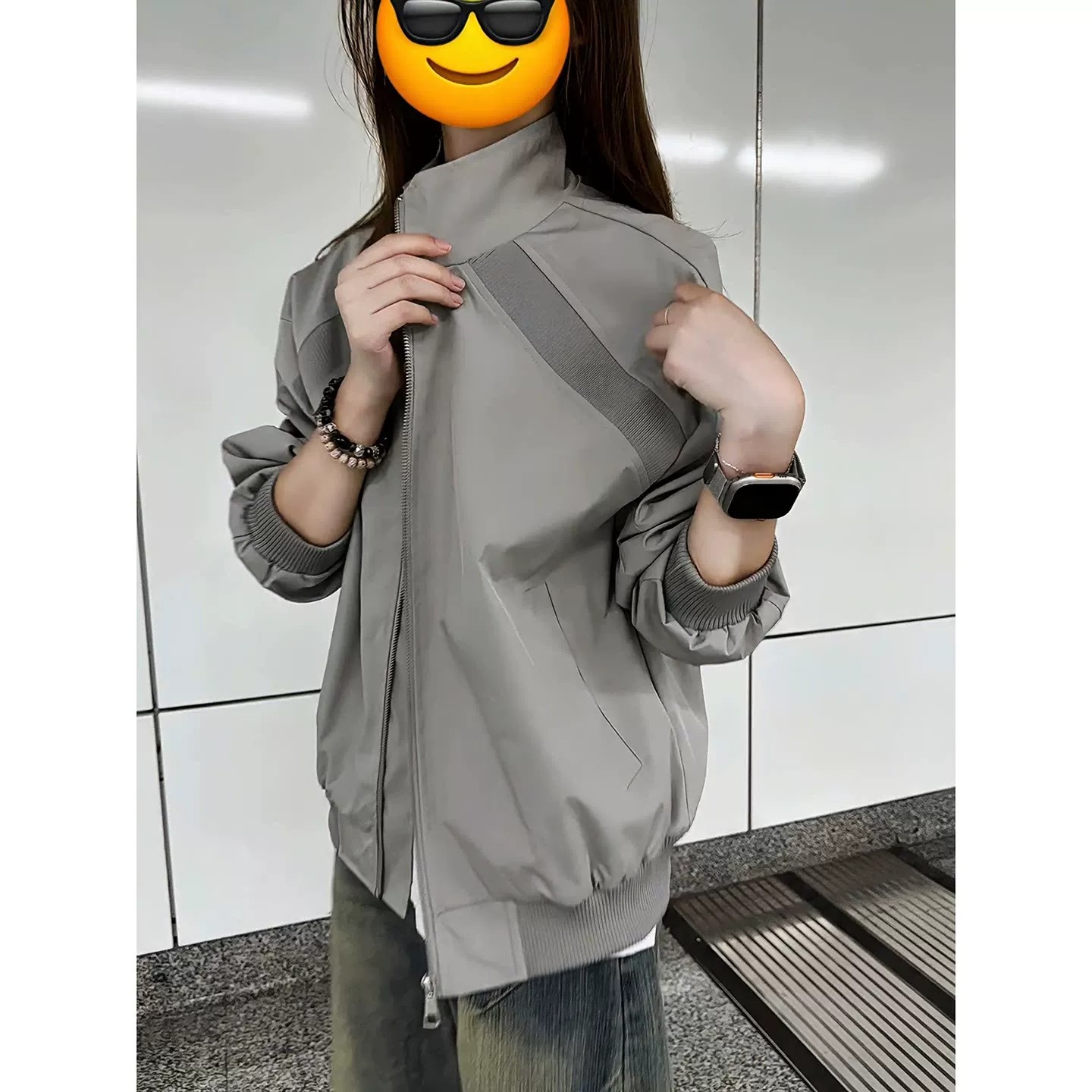 灰色bomber廓形飞行夹克男秋季设计感拼接短款外套立领美式棒球服