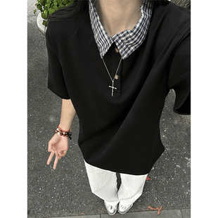 美式假两件正肩POLO衫男款夏季设计感翻领格子衬衫领拼接短袖T恤