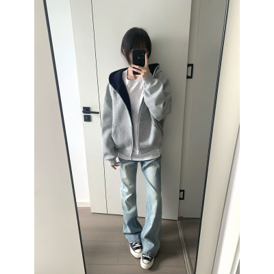 重磅撞色开衫连帽卫衣