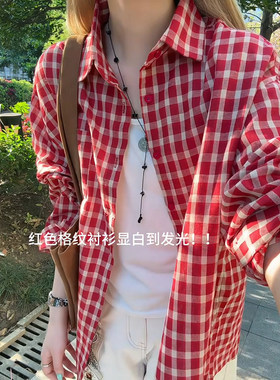 美式复古红色格子衬衫男款夏季防晒格纹衬衣韩系慵懒松弛感薄外套