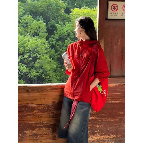 朱雀红连帽冰丝女夏防晒衣速干