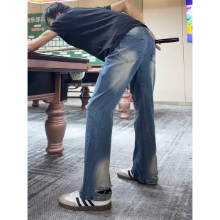 蓝色闪电纹破洞牛仔裤男款夏季显腿长直筒微喇裤美式高街vibe裤子