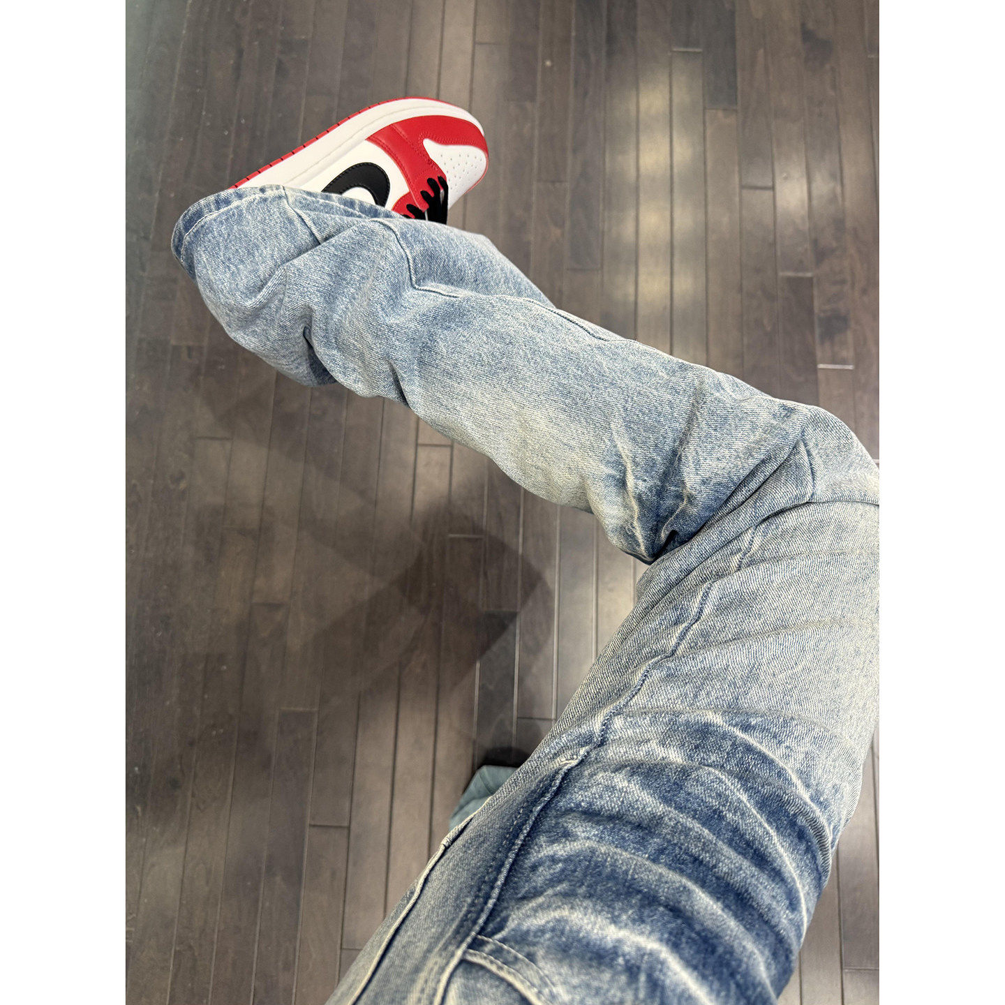 美式水洗闪电纹牛仔裤男秋冬加绒直筒弯刀裤子cleanfit提档微喇裤