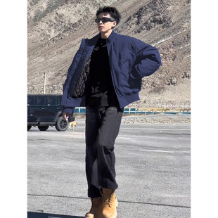 藏青色短款羽绒棒球服男冬季立领工装棉衣外套美式飞行员夹克棉服