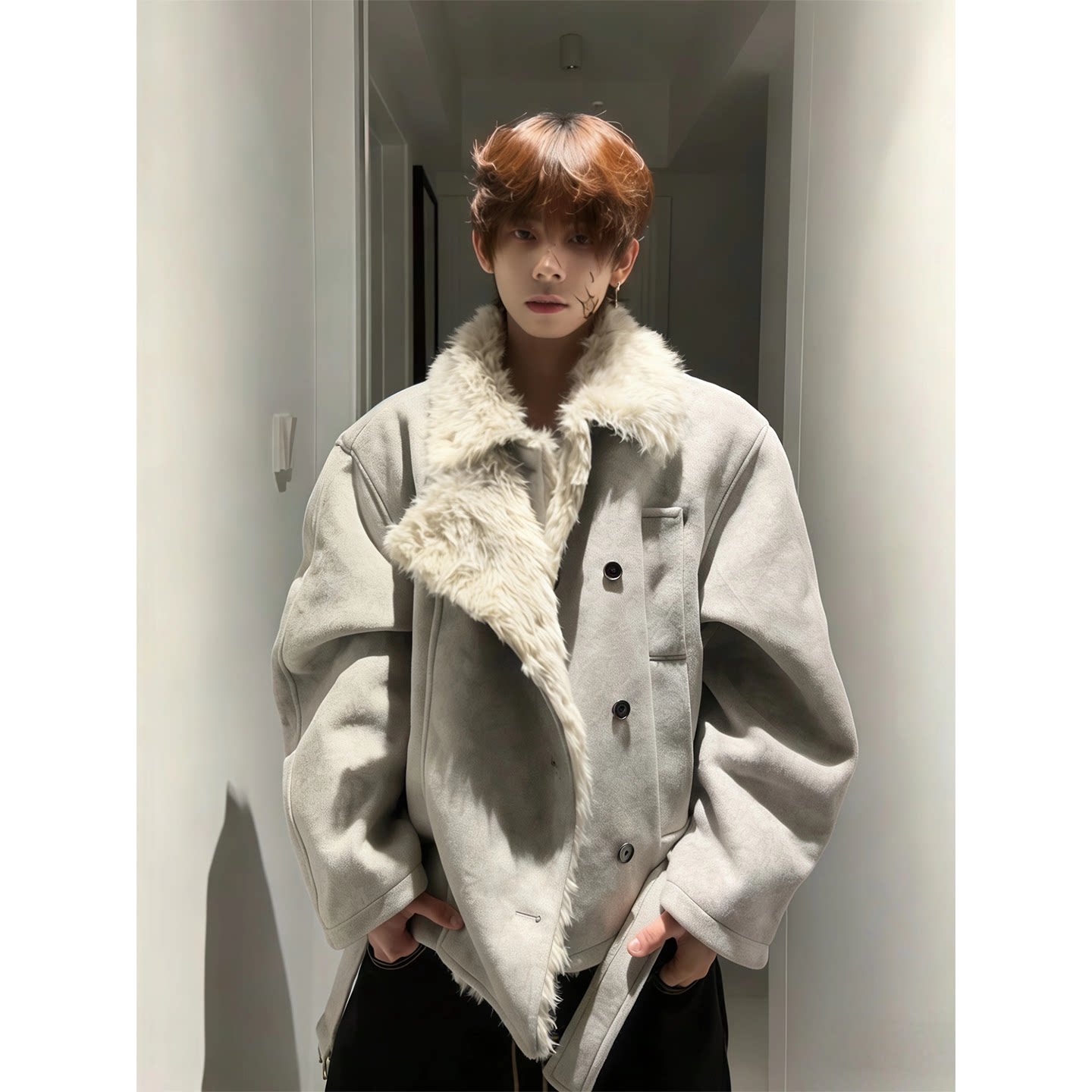 灰色短款座山雕毛呢大衣男款秋冬加厚保暖棉衣高级感痞帅风衣外套