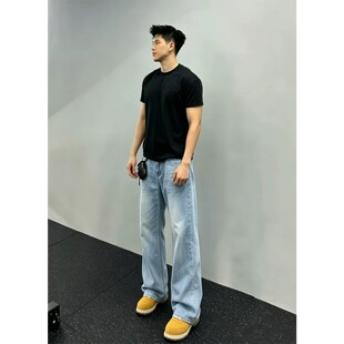 浅蓝色直筒牛仔裤男款夏季薄款cleanfit弯刀微喇裤提档显腿长裤子