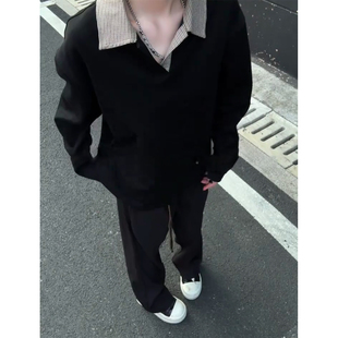 cleanfit千鸟格长袖男T恤秋冬美式高街正肩polo衫假两件内搭卫衣