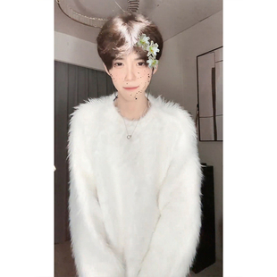 cleanfit白色水貂绒毛衣男美式高级宽松慵懒风针织衫春秋情侣外套