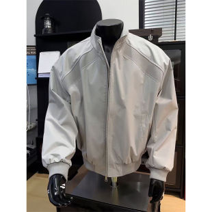 浅灰色解构拼接飞行夹克男春秋bomber廓形棒球服美式工装短款外套