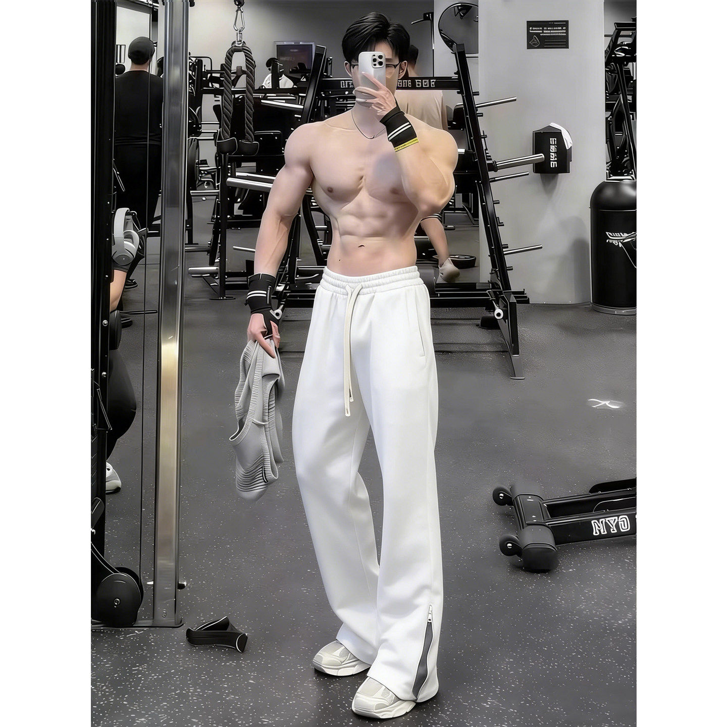 白灰色侧拉链微喇裤子男款秋冬垂感弯刀直筒裤美式健身运动卫裤,男装,休闲裤,淘宝优惠券,粉丝福利购,淘宝优惠卷