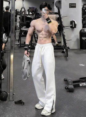 白灰色侧拉链微喇裤子男款秋冬垂感弯刀直筒裤美式健身运动卫裤