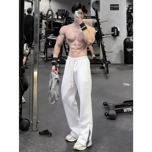 白灰色侧拉链微喇裤子男款秋冬垂感弯刀直筒裤美式健身运动卫裤